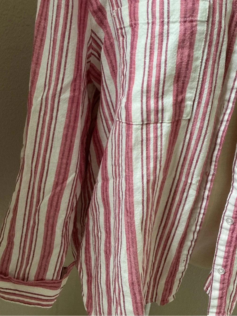Nine West Pink and White Linen blend Striped Button-Down V-Neck Shirt - Picture 3 of 7